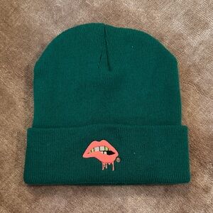 Green women’s Beanie with hot pink lips